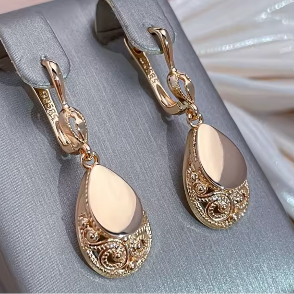 586/14k Rose Gold Teardrop Filigree Dangle Earrings - Women Jewelry